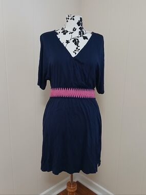 Navy V-Neck Dress with Pink Smocked Waistband
